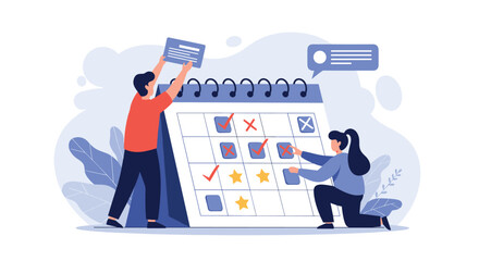 Man and woman work together to organize their schedule and plan events on a large calendar for effective time management.