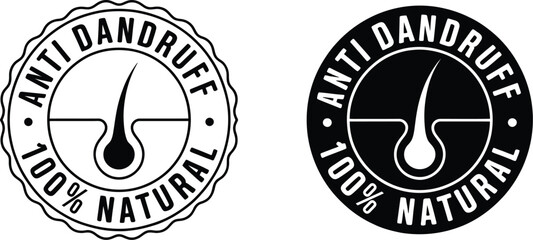 Anti Dandruff and 100% Natural Product Seal with Hair Follicle Icon for Shampoo, Scalp Treatment, and Organic Cosmetic Packaging Label Certification