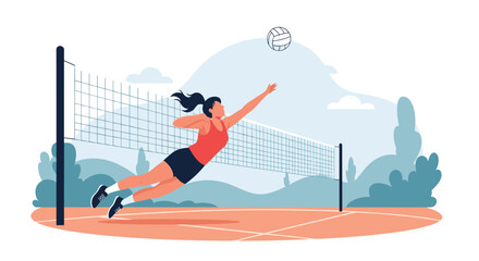 Athletic female volleyball player jumps high in the air to spike the ball over the net during an intense outdoor match.