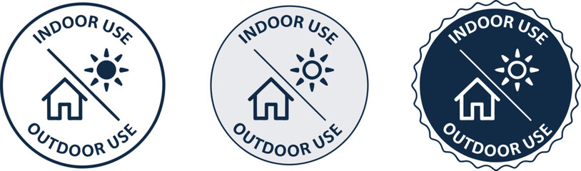 Indoor Use Only Icons: Set of three circular symbols with house and crossed-out sun for product labeling, indicating environmental restrictions and limited outdoor exposure