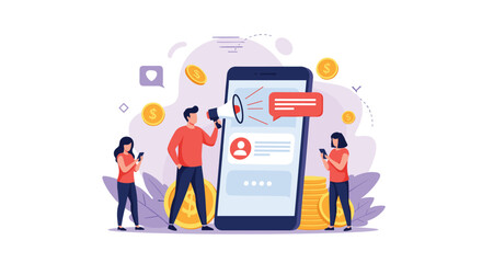 Man uses a megaphone for a referral marketing campaign on a mobile app to attract new users and earn rewards and money.