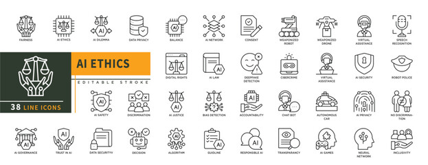 Minimalist AI Ethics line icons set with editable stroke, featuring fairness, ai dilema, dara, ai safety, trust in ai, ai governance, robot police, ai games, autonomous, va. thin linear illustration.