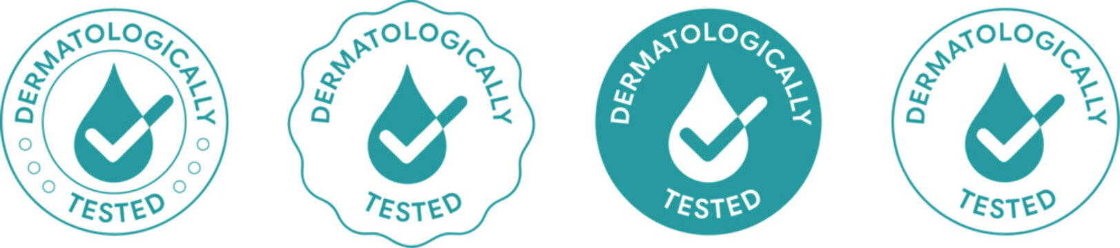 Dermatologically Tested Safety Icons: Set of four verified water drop symbols for product packaging and cosmetic marketing signifying skin tolerance and assurance