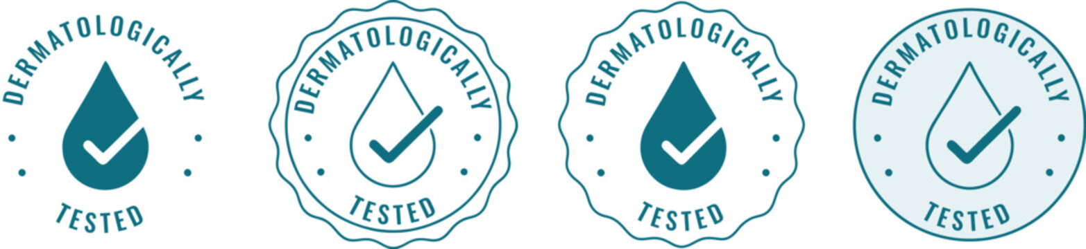 Dermatologically Tested Safety Icons: Set of four verified water drop symbols for product packaging and cosmetic marketing signifying skin tolerance and assurance
