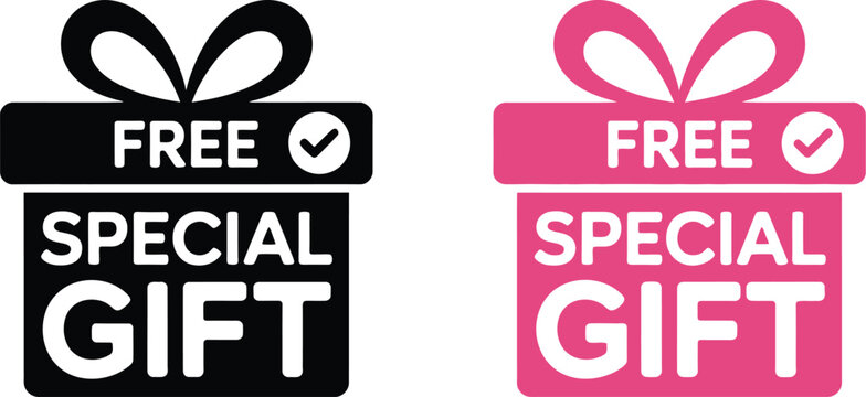 Free Special Gift Promotion Icons: Black and pink present box symbols with bow for e-commerce marketing, bonuses, rewards, and customer loyalty programs