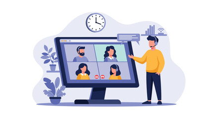 Male team leader with a headset conducts a virtual meeting and online presentation with his colleagues via video conference call.