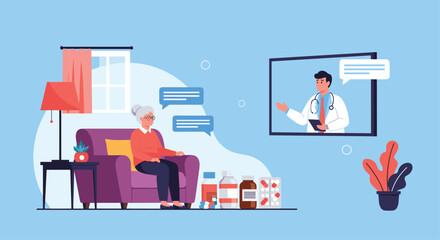 Elderly woman at home receives a remote medical consultation from her doctor via a video conference call on a large screen.