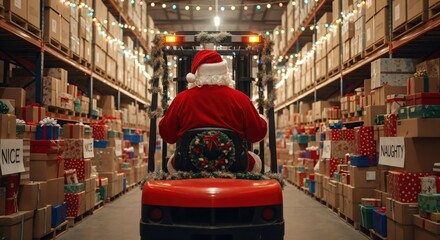Naklejka premium Santa Claus Operating a Forklift in a Festively Decorated Warehouse Surrounded by Christmas Presents and Decorations