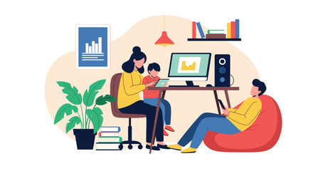 Mother works from home at her computer with her son on a tablet while the father relaxes in a modern living room setup.