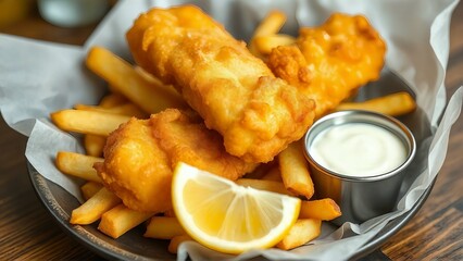 Delicious fish and chips served on a white plate