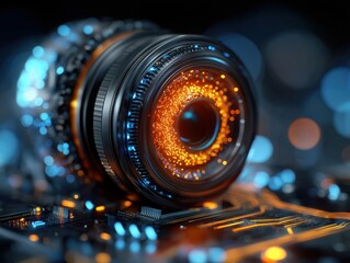 Futuristic lens with glowing core over a circuit board offers a dynamic visual for cutting-edge technology, innovation, and advanced optical design concepts
