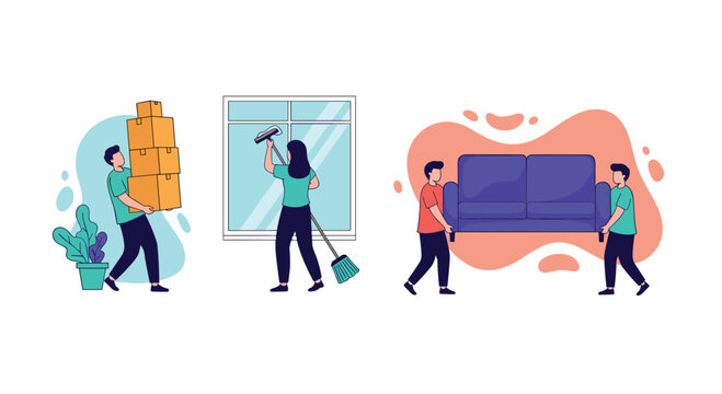 Set of illustrations showing people during the moving process including carrying boxes and furniture and cleaning the house.