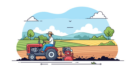Farmer drives a red tractor to plow a field in preparation for planting crops on a sunny day in the countryside.