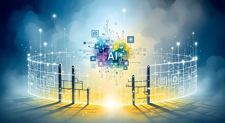 Conceptual illustration showing the acronym "AI" (Artificial Intelligence) at the core of a protective, glowing data circuit network.