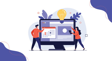 A creative business team collaborates on a project by scheduling tasks on a large digital calendar and brainstorming new ideas.