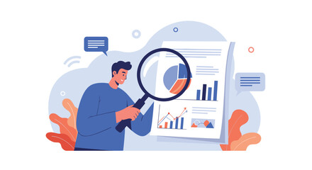 A businessman uses a large magnifying glass to closely examine and analyze data from a financial report with charts and graphs.