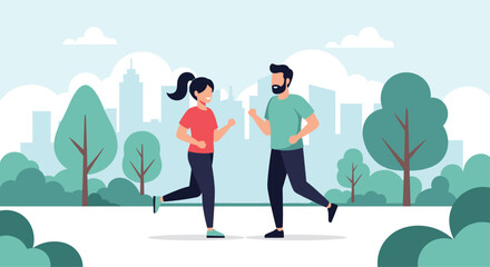 A happy young couple enjoys a healthy lifestyle by jogging together in a beautiful city park with a modern skyline background.