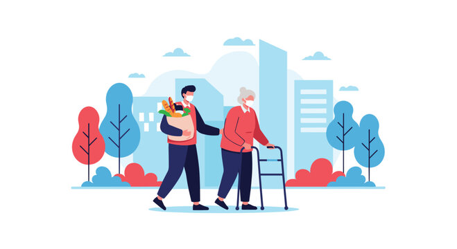 A young male volunteer wearing a face mask helps a senior woman with a walker by carrying her bag of groceries and food. - Powered by Adobe