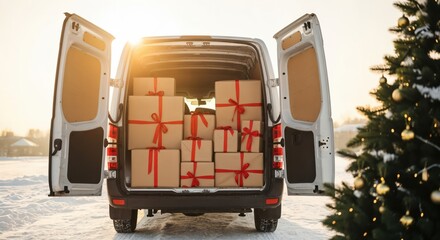 A Christmas-themed Delivery Van in Winter: A View from the Back Showing Wrapped Presents in Boxes with Ribbons Against a Snowy, Festive Background