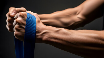Detailed Close-Up of Muscular Forearms Stretching Resistance Band