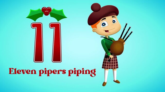 The 12 Days Of Christmas - 11th Day - Eleven Pipers Piping - 4K Animation Video Motion Graphics With Background