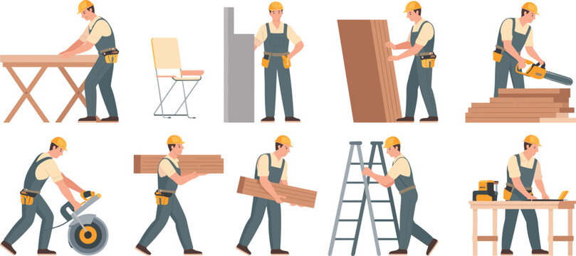Construction worker illustration, carpentry tasks, safety gear, wood cutting, ladder work, tool usage, job site activity, builder character poses - Powered by Adobe
