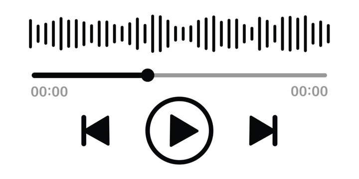 Audio or video player progress loading bar with time slider, play, rewind buttons. Simple template of media device playback panel interface. Minimalist web display. White light theme
