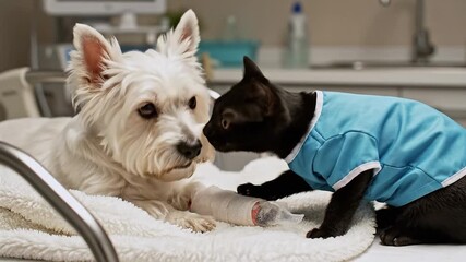 A West Highland White Terrier with a bandaged paw lies on a vet bed while a black cat in a blue outfit gently touches noses with the dog, symbolizing pet care and veterinary support