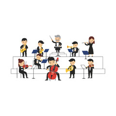 Symphony orchestra performing live, diverse musicians playing classical and modern instruments on stage