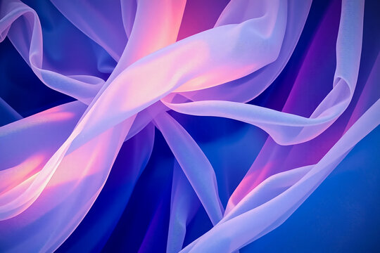 Flowing translucent fabric in blue and pink light, abstract texture background