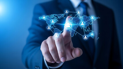 Businessman interacting with a glowing digital world map network interface