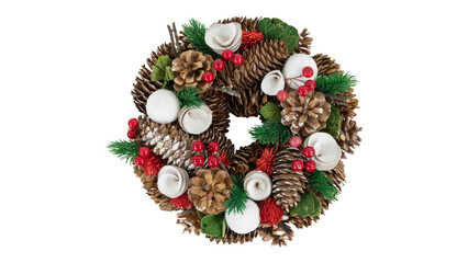 White wooden rose, pine cone and berry artificial Christmas wreath on white copy-space backgrouund.
