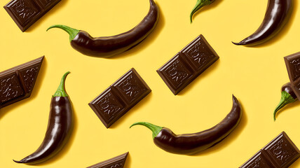 Brown Chilli and with Chocolate on the colorful background, dried Chilli,  from vegetables and food,  Ingredient for dishes,  The concept of spicy food. fresh chili pepper.