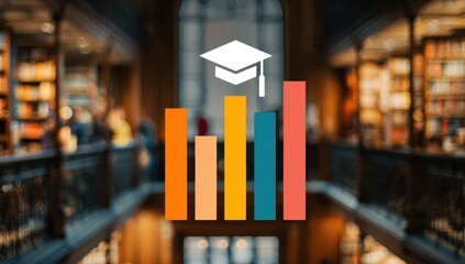 Knowledge Pathways: A graphic representation of education statistics overlays a classic library setting. Depicting the continuous quest for information.