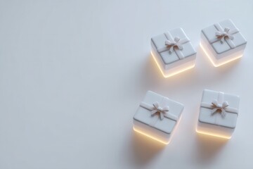 4 small glowing digital white gifts on white surface, minimalist flat lay, banner, copy space. holiday tech concept for software promotions, app launch campaigns, corporate digital gifting, Christmas.