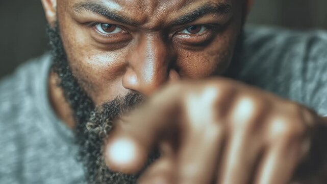 Intense focus of a man pointing directly at the viewer with a strong expression in a close-up shot