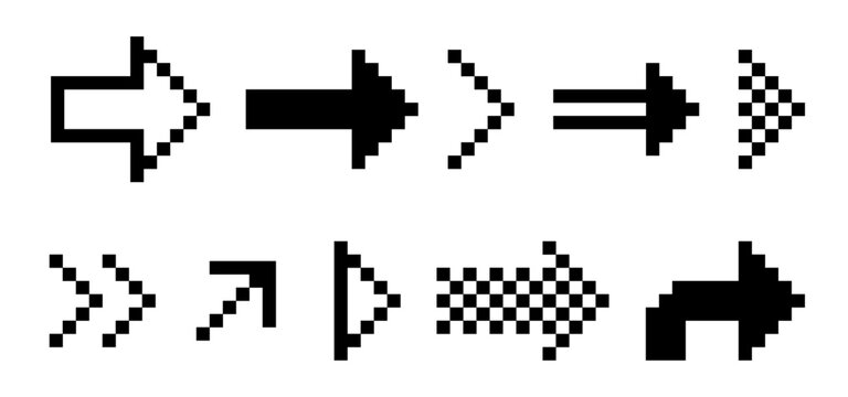 Pixel arrow icon set, pixelated arrows