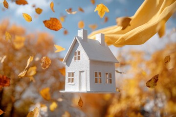 Autumn Dream Home: A charming miniature house floats amongst a swirl of vibrant autumn leaves, symbolizing the warmth and tranquility of home.