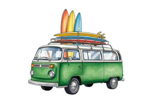 watercolor illustration: classic emerald green t2 camper van and three bright surfboards, tropical palm trees, white background with cyan and orange pigment drips. concept of relaxed summer travel