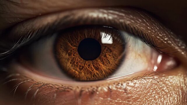 Close-up of a human eye showing the intricate details of the iris and pupil with a reflection of light.