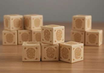 Biometric Data Analysis. Wooden cubes with fingerprint icons model the organizational blocks used in interpreting physiological measurements for personalized wellness strategy