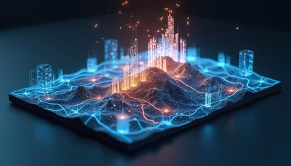 Abstract data visualization shows city infrastructure planning. Digital network connects buildings, roads on terrain. Hologram graphic represents tech innovation, communication network system. 3D