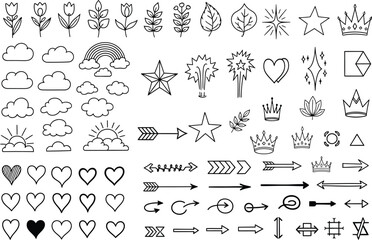 Fototapeta premium Collection of hand drawn doodle icons including hearts stars clouds rainbow and crowns