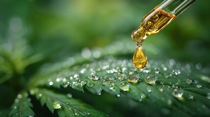 A dropper holds oil above a green leaf. The drop falls onto the leaf, which has water droplets on its surface. The setting shows natural greenery and details of the leaf