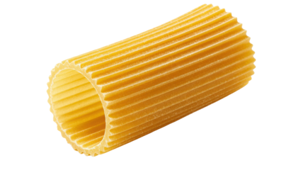 Single uncooked rigatoni pasta tube isolated on transparent background