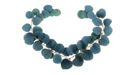 Blue eucalyptus wreath with round leaves arranged in semi circle, isolated on transparent background, perfect for botanical design, wedding decoration, or natural themed artwork