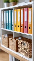 Efficient office workspace design with organized bookshelf and file storage solutions
