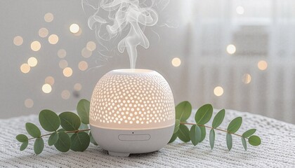 Aromatherapy diffuser in a cozy home setting with leaves and soft lighting 