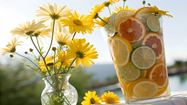 Clear vase filled with citrus slices and yellow daisies floating above in a sunny bloom. - Powered by Adobe
