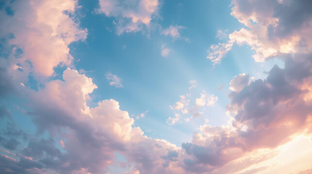 Beautiful pastel sky with dramatic cumulus clouds and sun rays peeking through, creating a serene and ethereal backdrop. Perfect for spiritual, nature, or tranquil themes. - Powered by Adobe